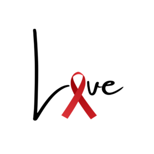 The word "love" with the "o" as an HIV awareness ribbon.