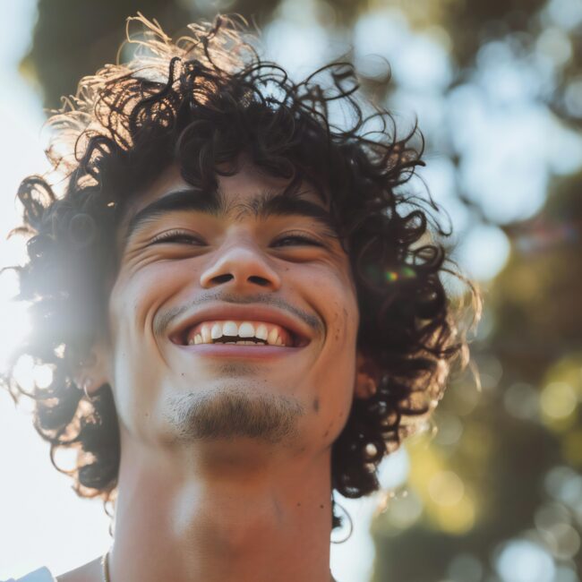 Young 20-something year old man smiling. He has brown curly hair and facial hair on his chin.